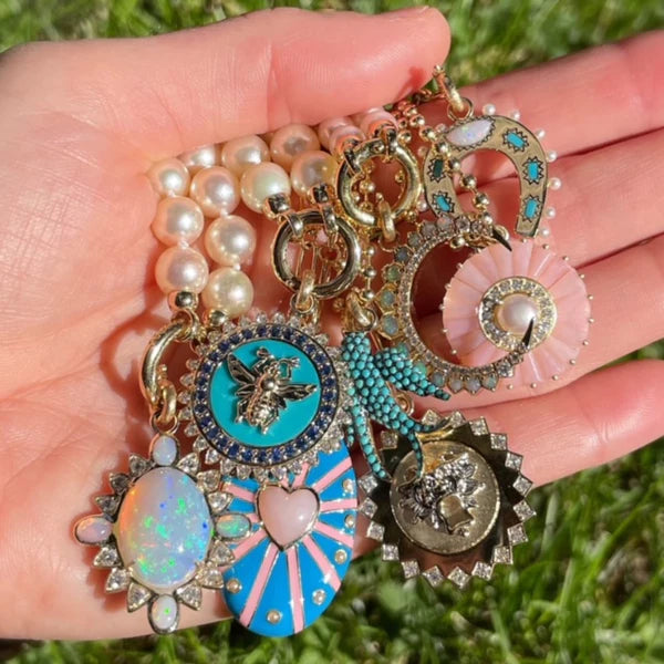 14k Gold Pink Opal Diamond & Pearl Emily Large Charm