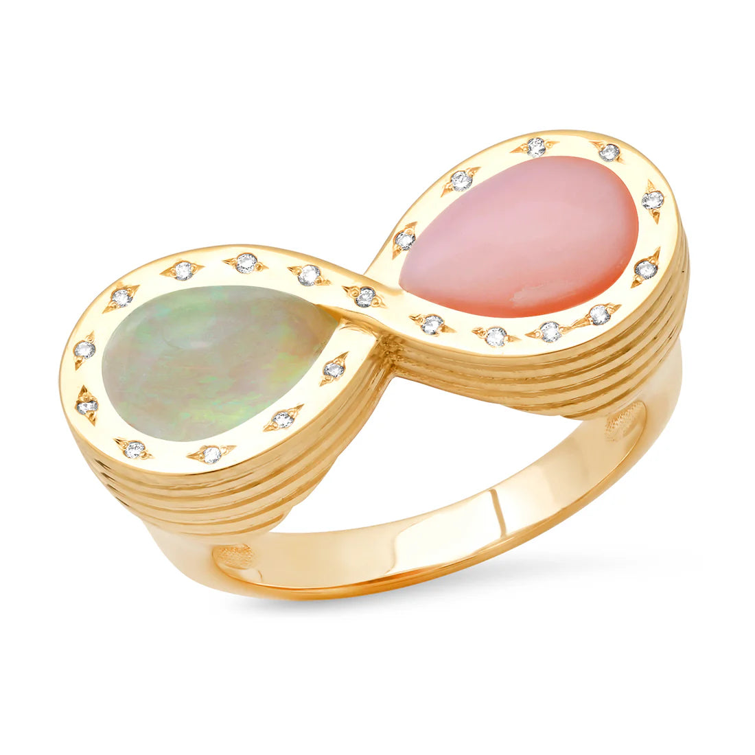 14K Yellow Gold Pink Opal, Opal, and Diamond Infinity Ring