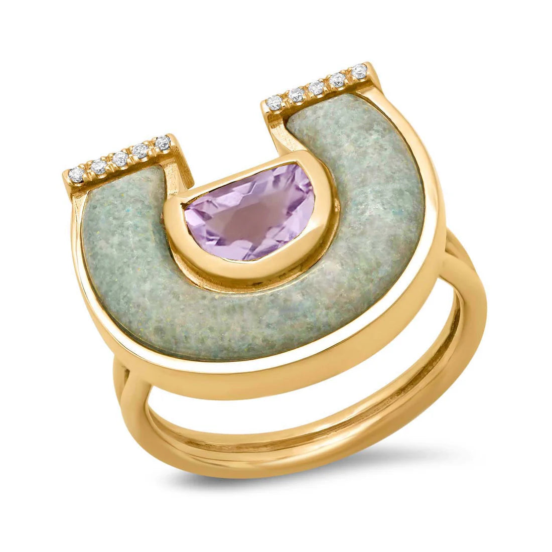 14K Yellow Gold Amethyst, Trollite and Diamond Horseshoe Ring