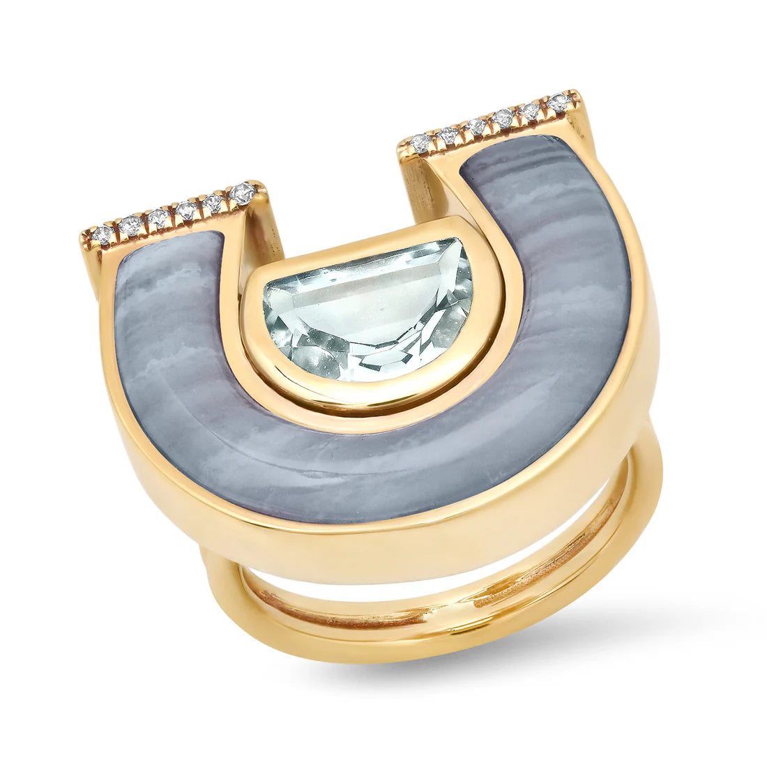 14K Yellow Gold Medium Topaz, Lace Agate and Diamond Horseshoe Ring