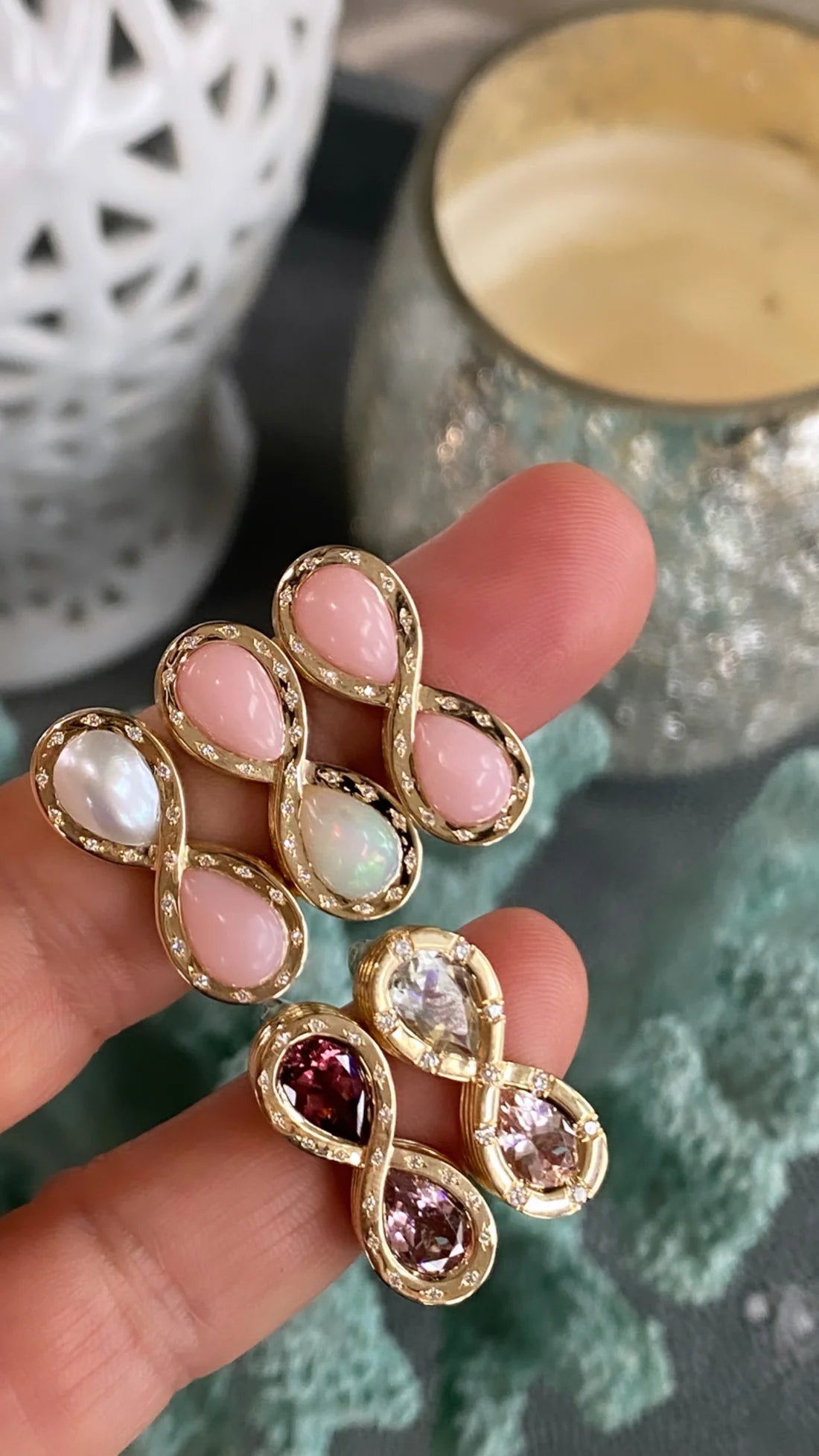 14K Yellow Gold Pink Opal, Opal, and Diamond Infinity Ring