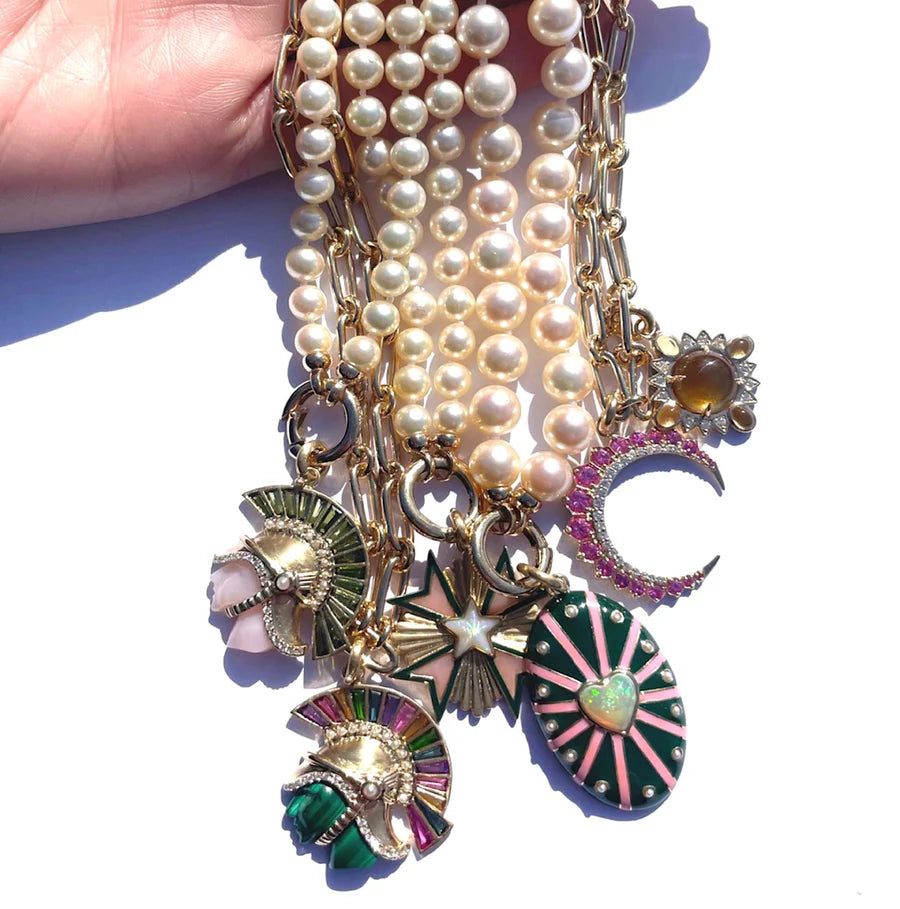 14K Gold Gemstone Pearl & Diamond Reid Charm