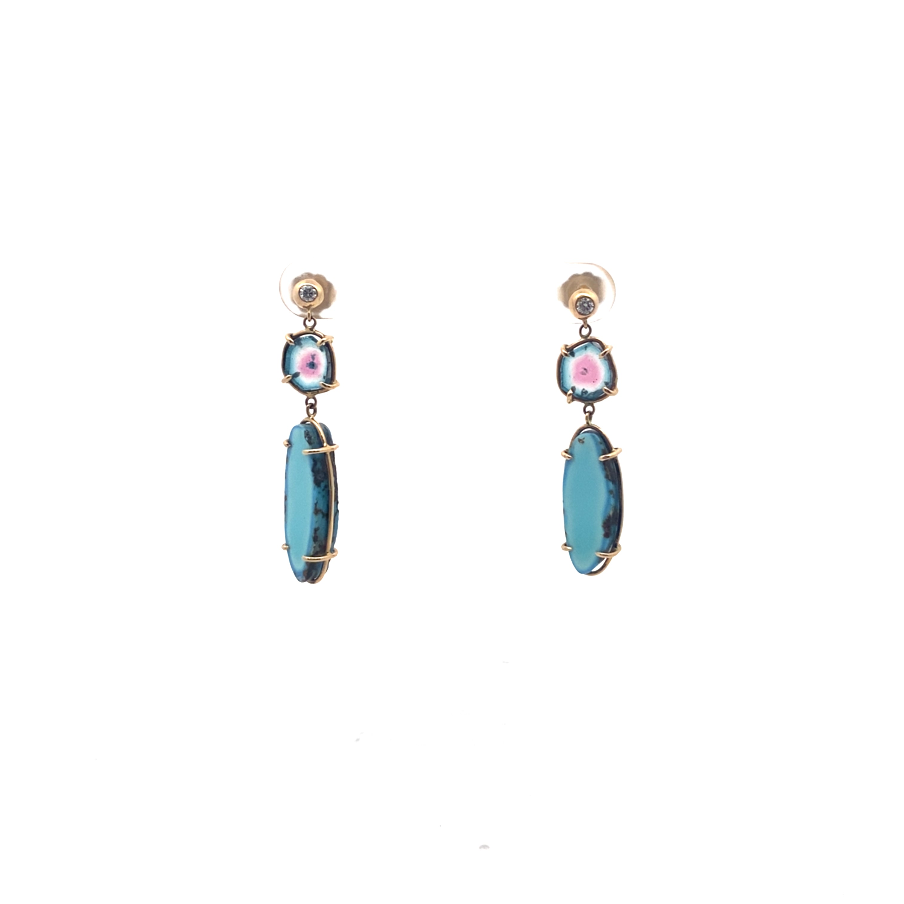 One of a Kind Turquoise and Tourmaline Slice Earrings with diamond
