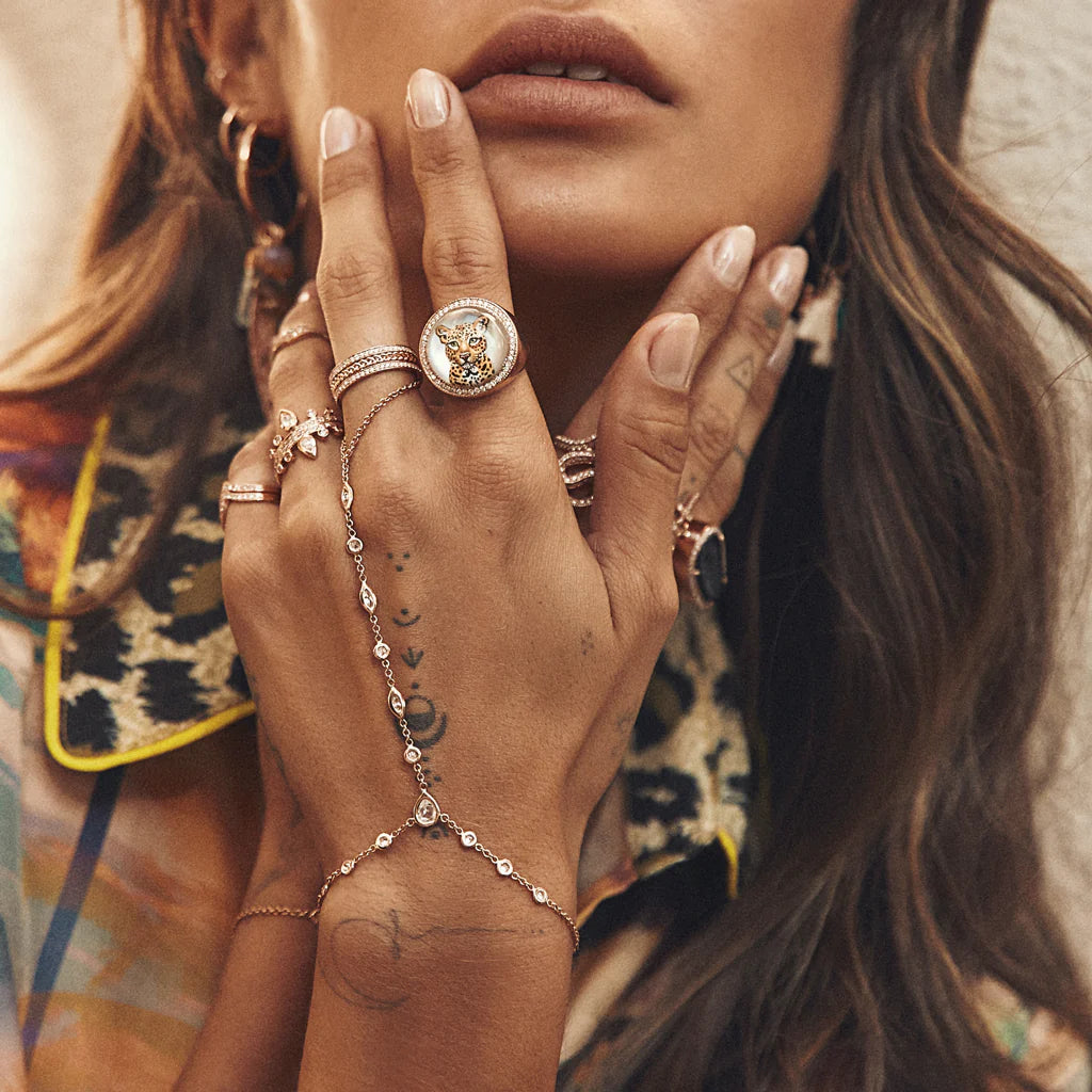 ROSE CUT TEARDROP DIAMOND CENTER, ROUND + MARQUISE ALTERNATING FINGER BRACELET