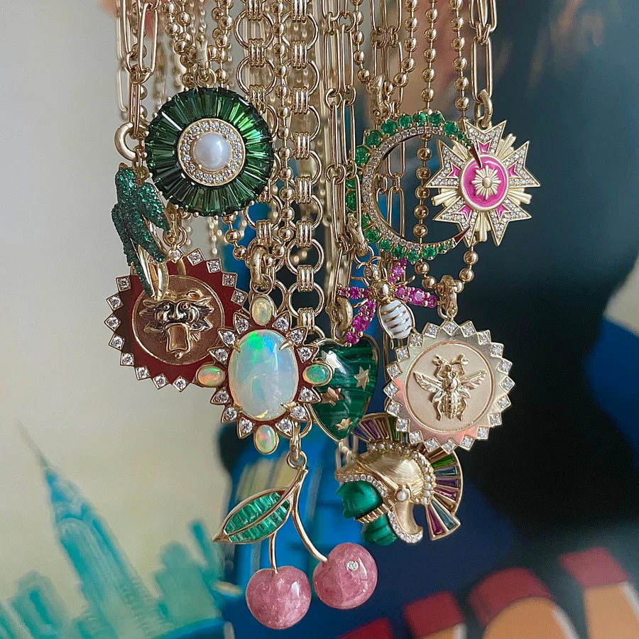 14K Gold Diamond & Malachite Crescent Moon Estelle Charm