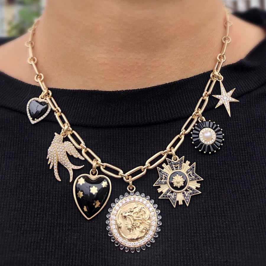 14K Gold Onyx Diamond & Pearl Emily Charm