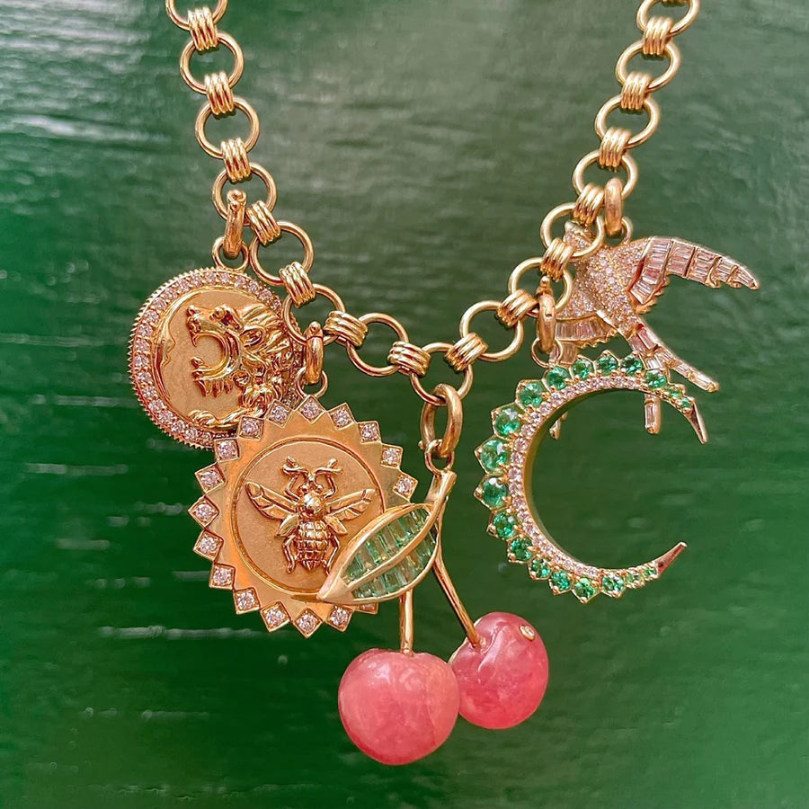 14K Gold Diamond & Malachite Crescent Moon Estelle Charm