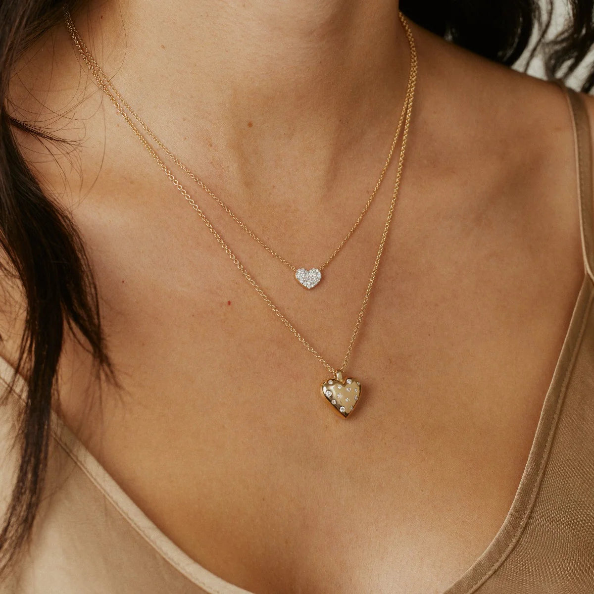 Small Diamond and Gold Puffy Heart Necklace