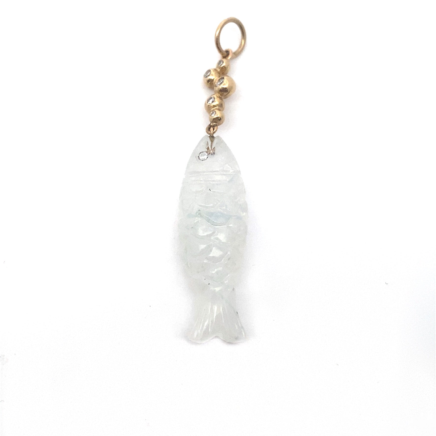 One of a kind carved moonstone fish charm with diamond bubbles