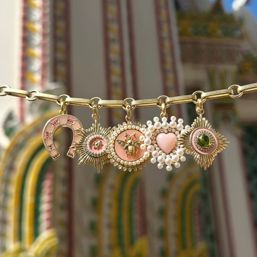 14k Gold Diamond Green Tourmaline & Pink Enamel Vivienne Medallion