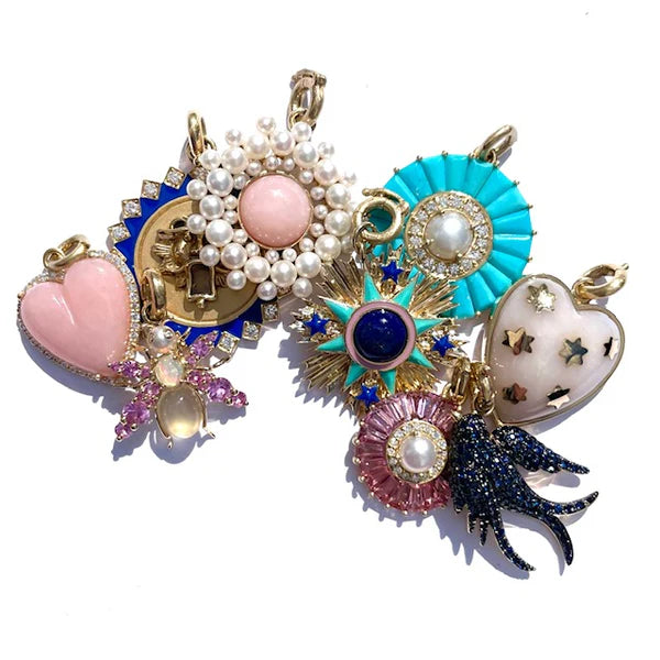 14k Gold Turquoise Diamond & Pearl Emily Large Charm