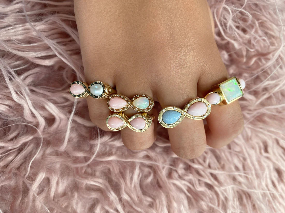 14K Yellow Gold Pink Opal, Opal, and Diamond Infinity Ring