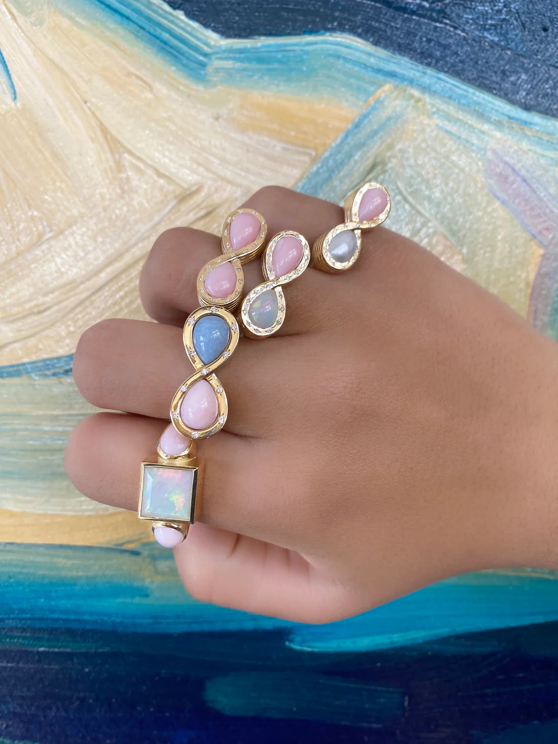 14K Yellow Gold Pink Opal, Opal, and Diamond Infinity Ring