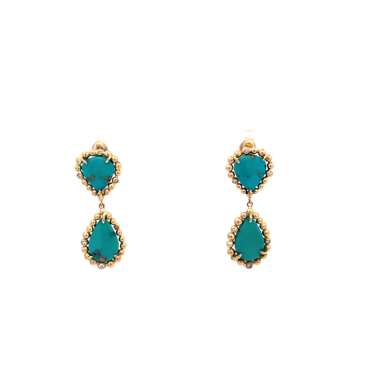 Double pear turquoise drop earrings with diamonds