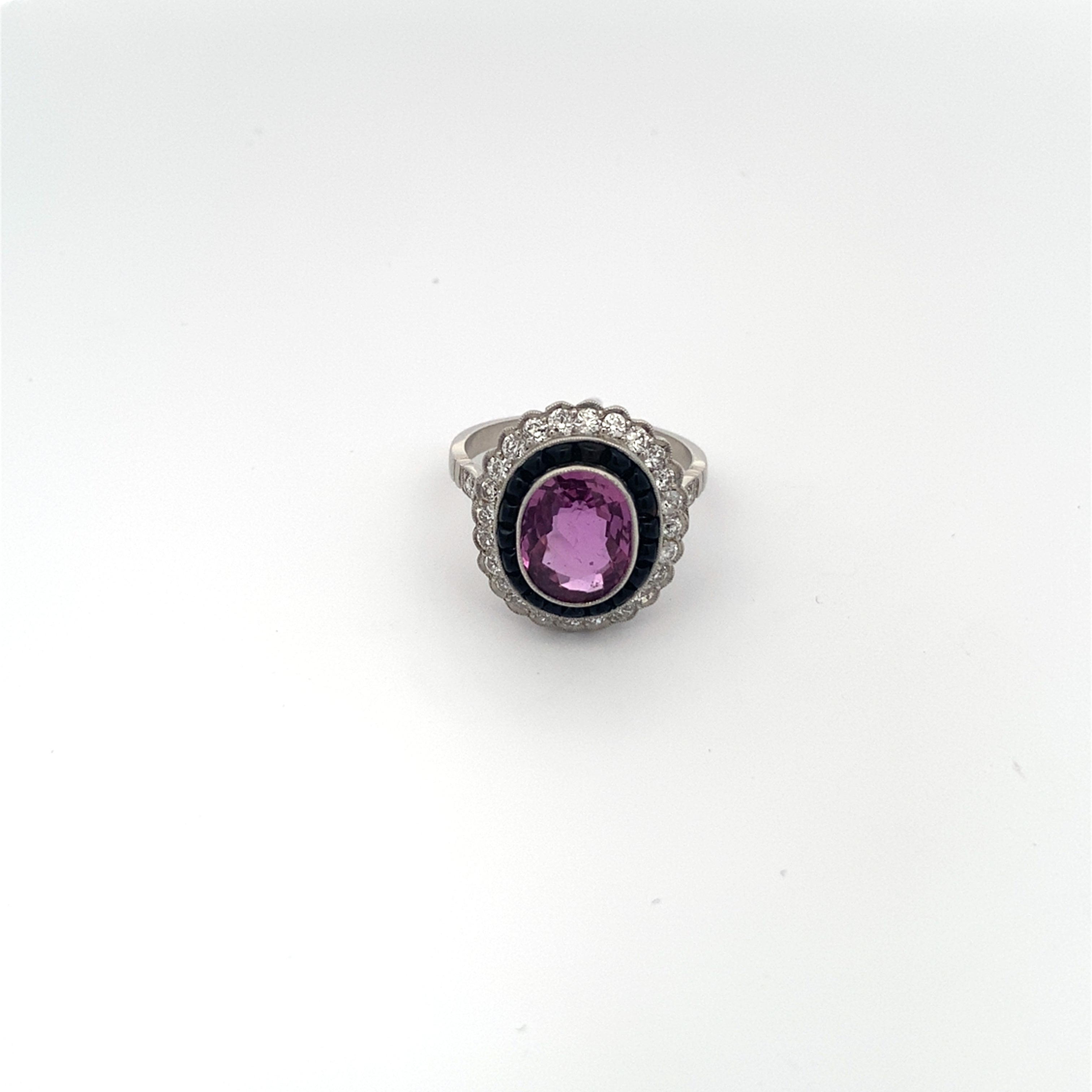 Vintage Handmade Platinum Pink Sapphire, Diamond & Onyx Ring