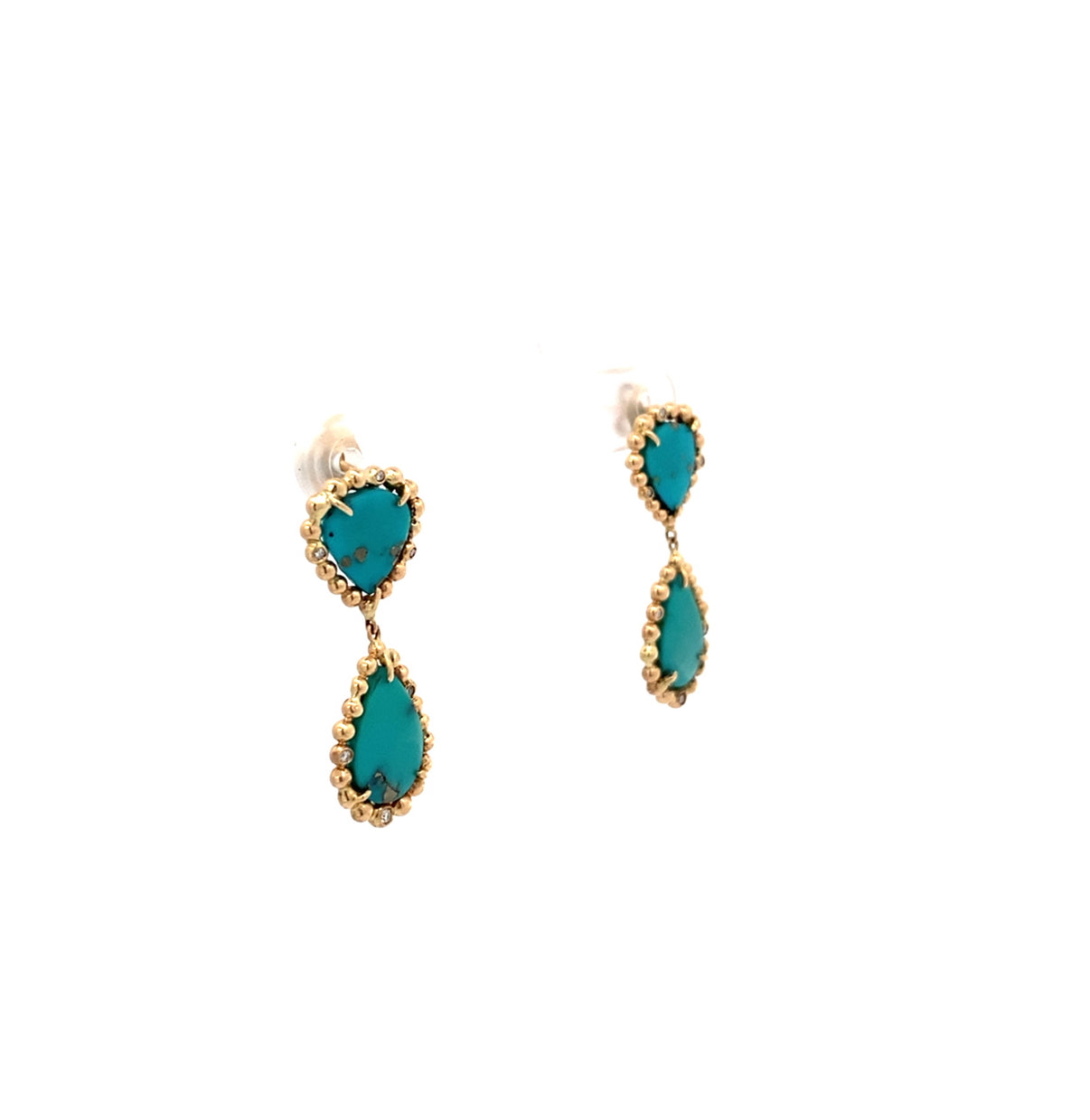 Double pear turquoise drop earrings with diamonds