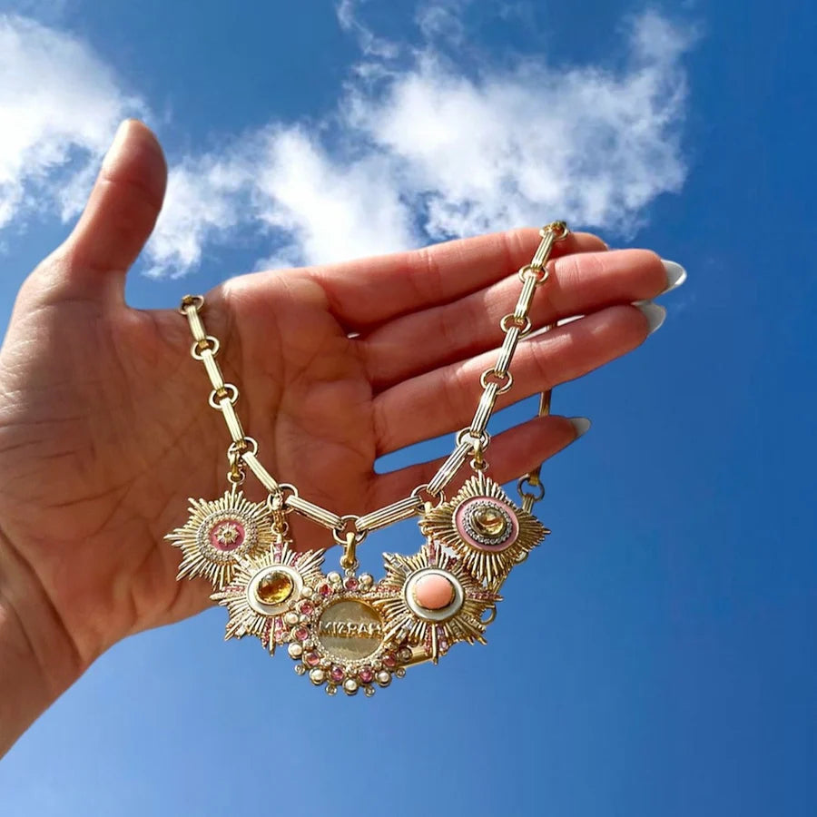 14k Gold Diamond & Pink Enamel Vale Medallion