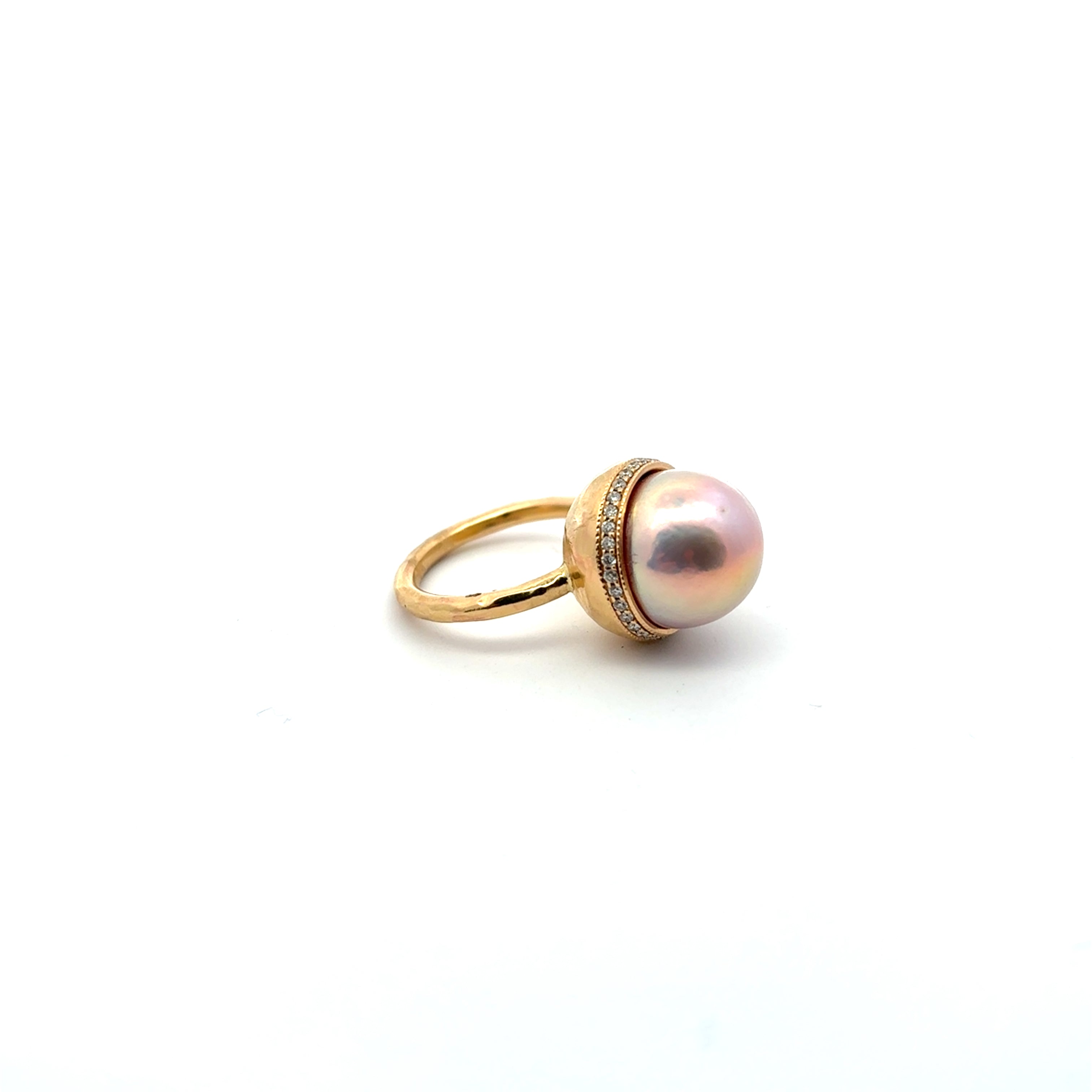 Border Pearl Pave Basket Hammered Ring