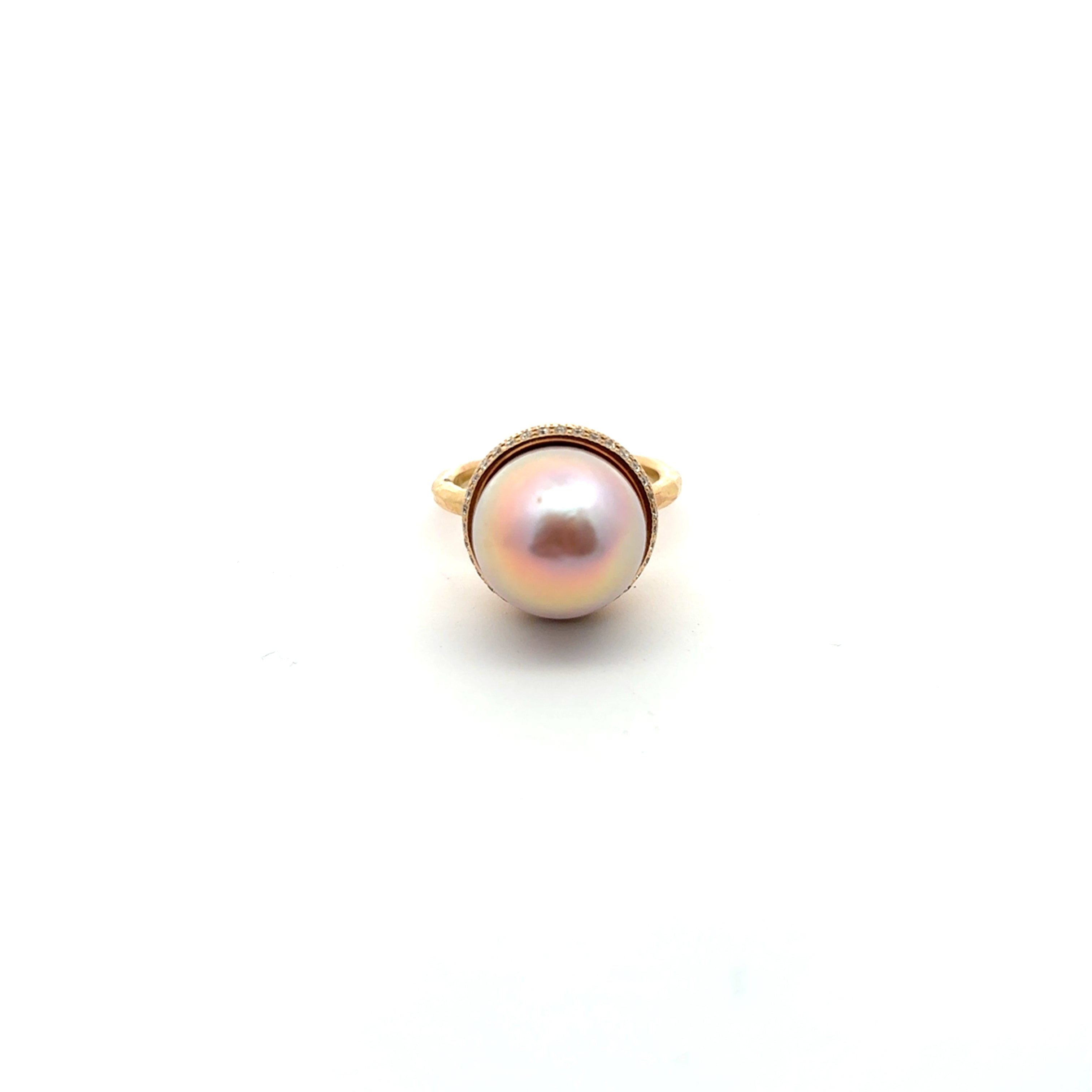 Border Pearl Pave Basket Hammered Ring