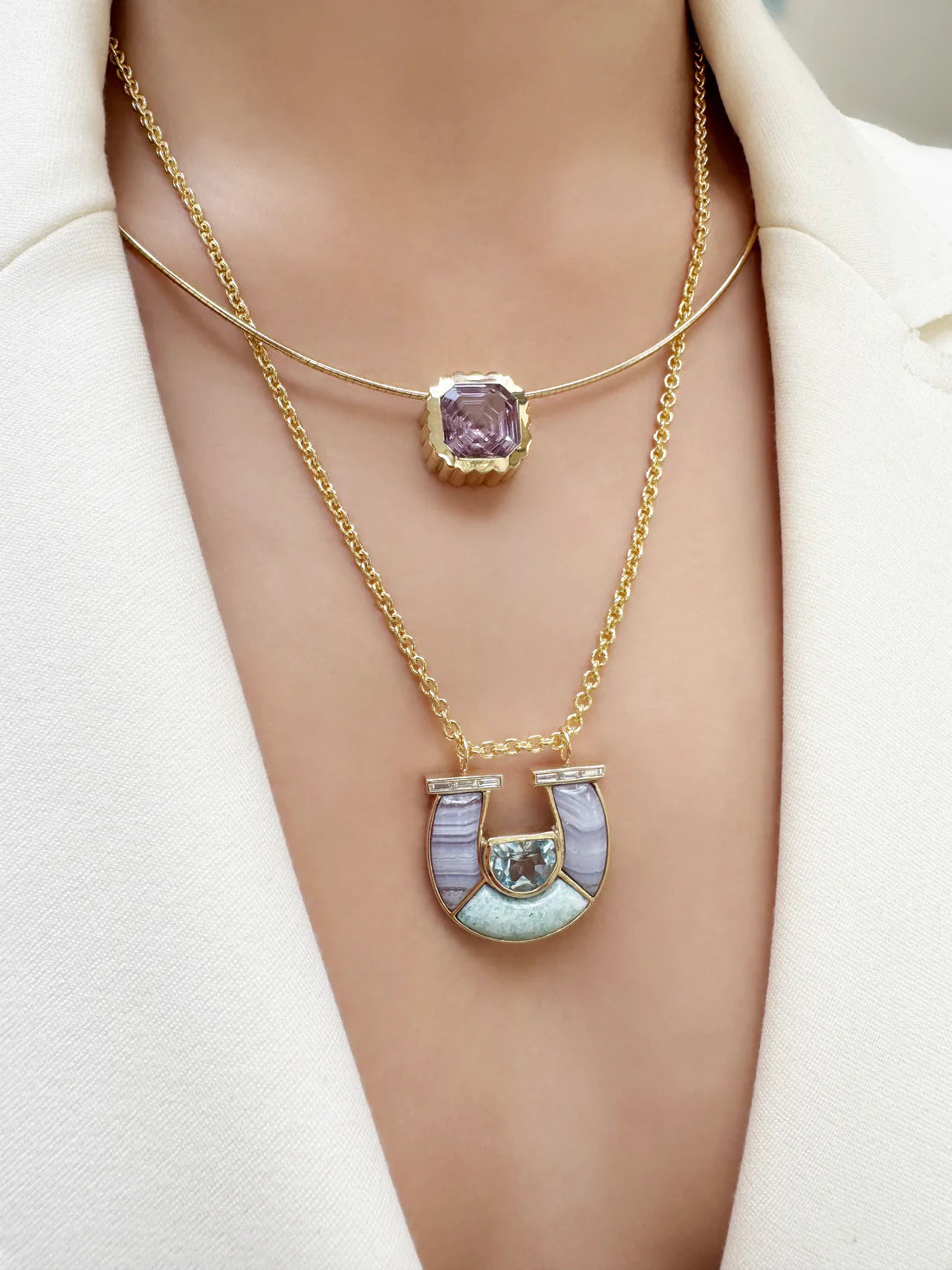 14K Yellow Gold Topaz, Lace Agate, Amazonite and Baguette Diamond Horseshoe Necklace