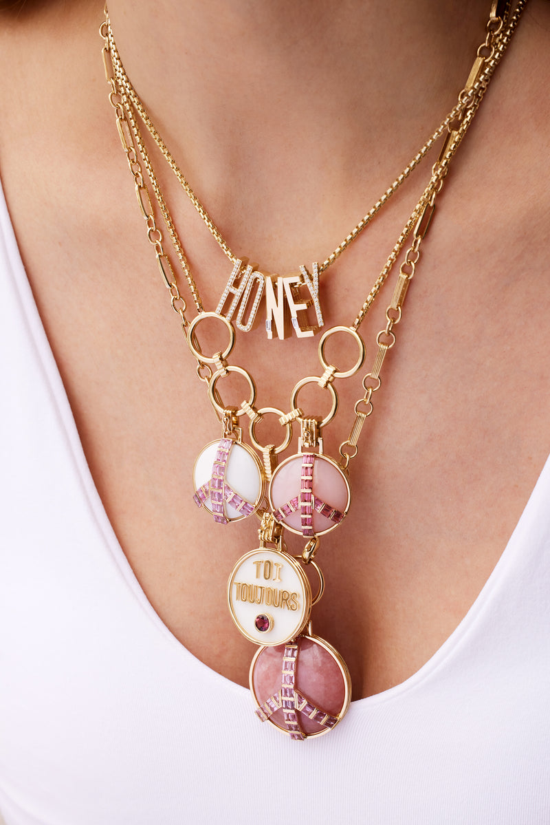 Midsize Peace Pendant in White Onyx and Pink Tourmaline