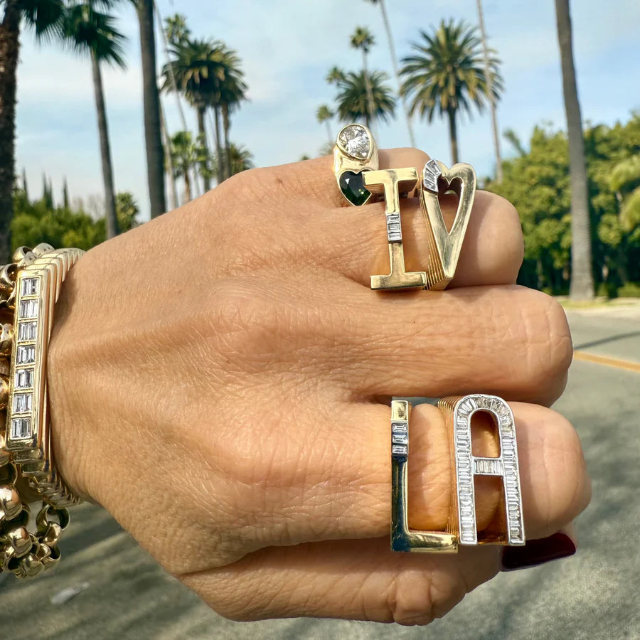 Grandsize Ribbed Initial Ring with Diamond Baguette