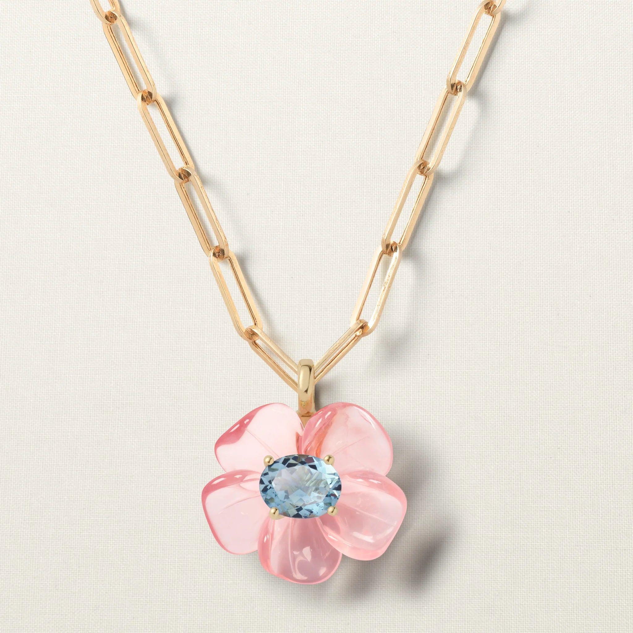 Island Flower Pendant Big Rose Quartz Aquamarine