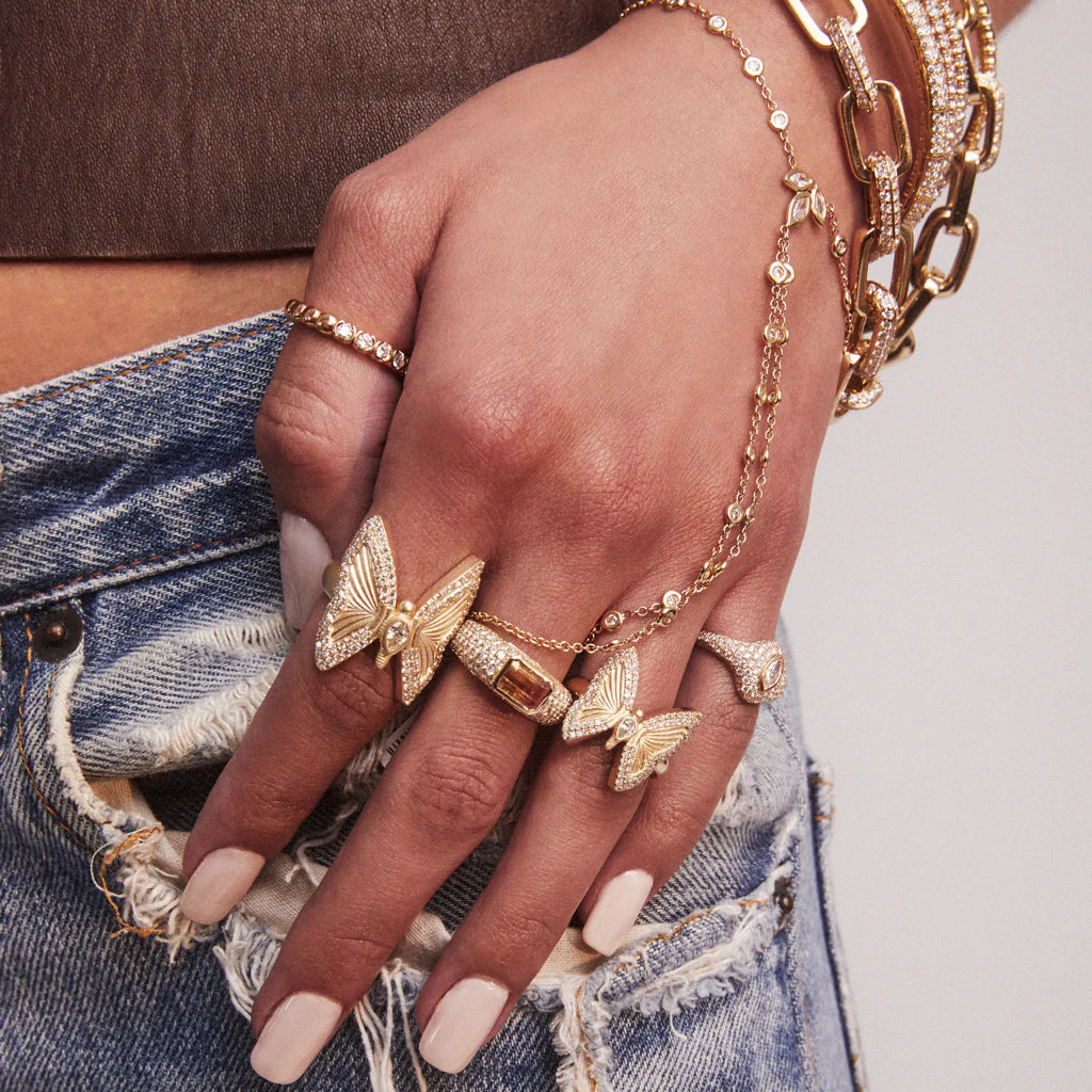 Small Pave Teardrop Diamond Center Butterfly Ring