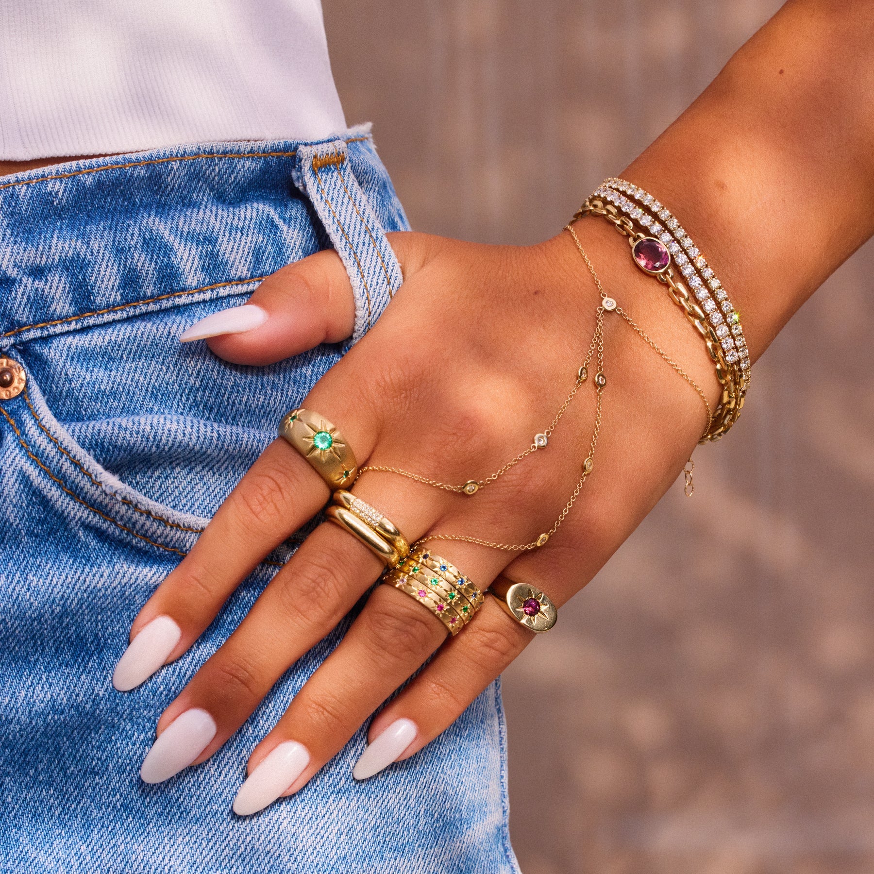 7 Diamond Double Stem Finger Bracelet