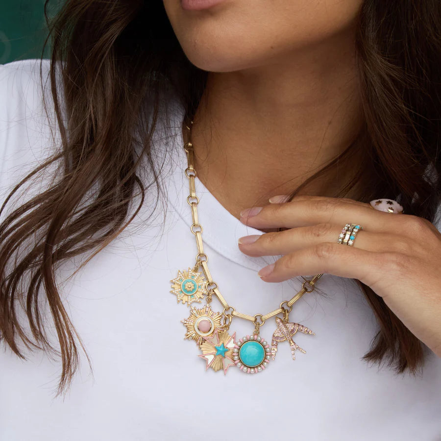 14K Gold White Diamond & Turquoise Blue Enamel Florence Charm