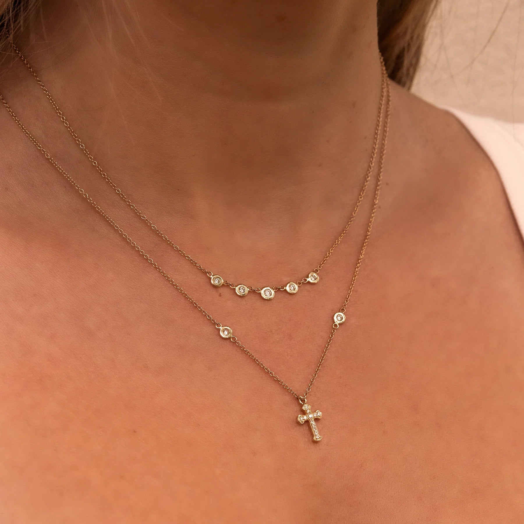 Tiny pave diamond cross necklace