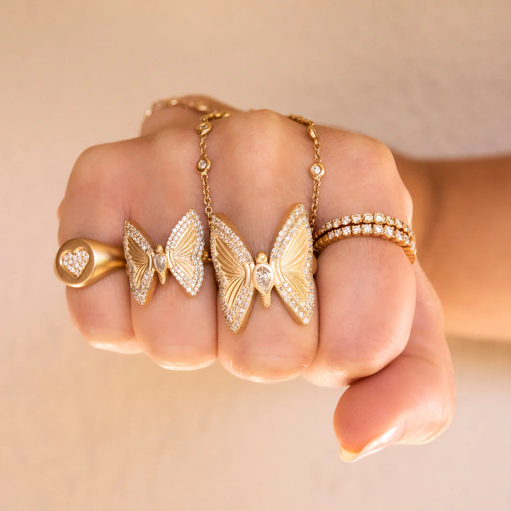 Small Pave Teardrop Diamond Center Butterfly Ring