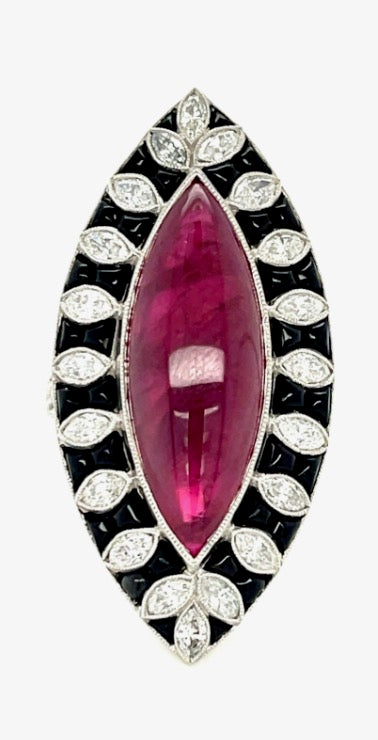 Vintage Platinum Cabochon Ruby and Diamond Marquise Ring