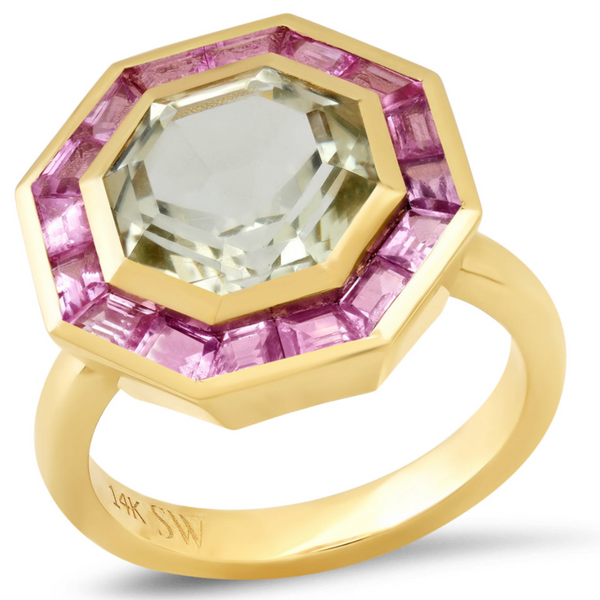 14K YG Green Amethyst and Pink Sapphire Bia Ring