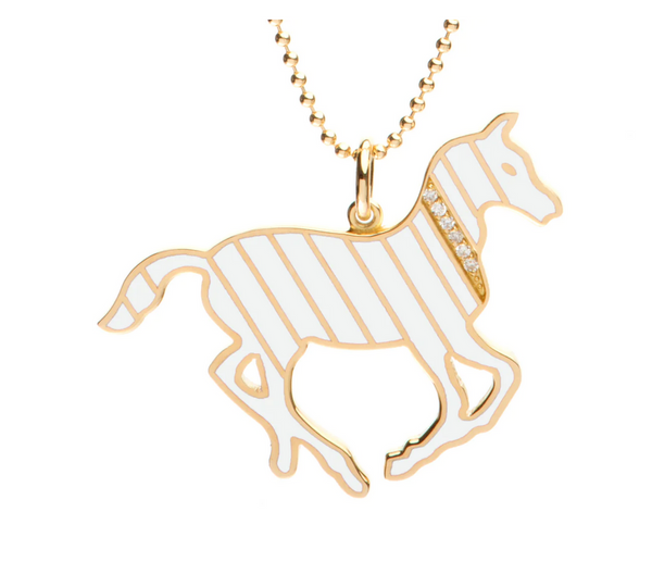 Gold and Diamond Stripe White Enamel Pony Necklace