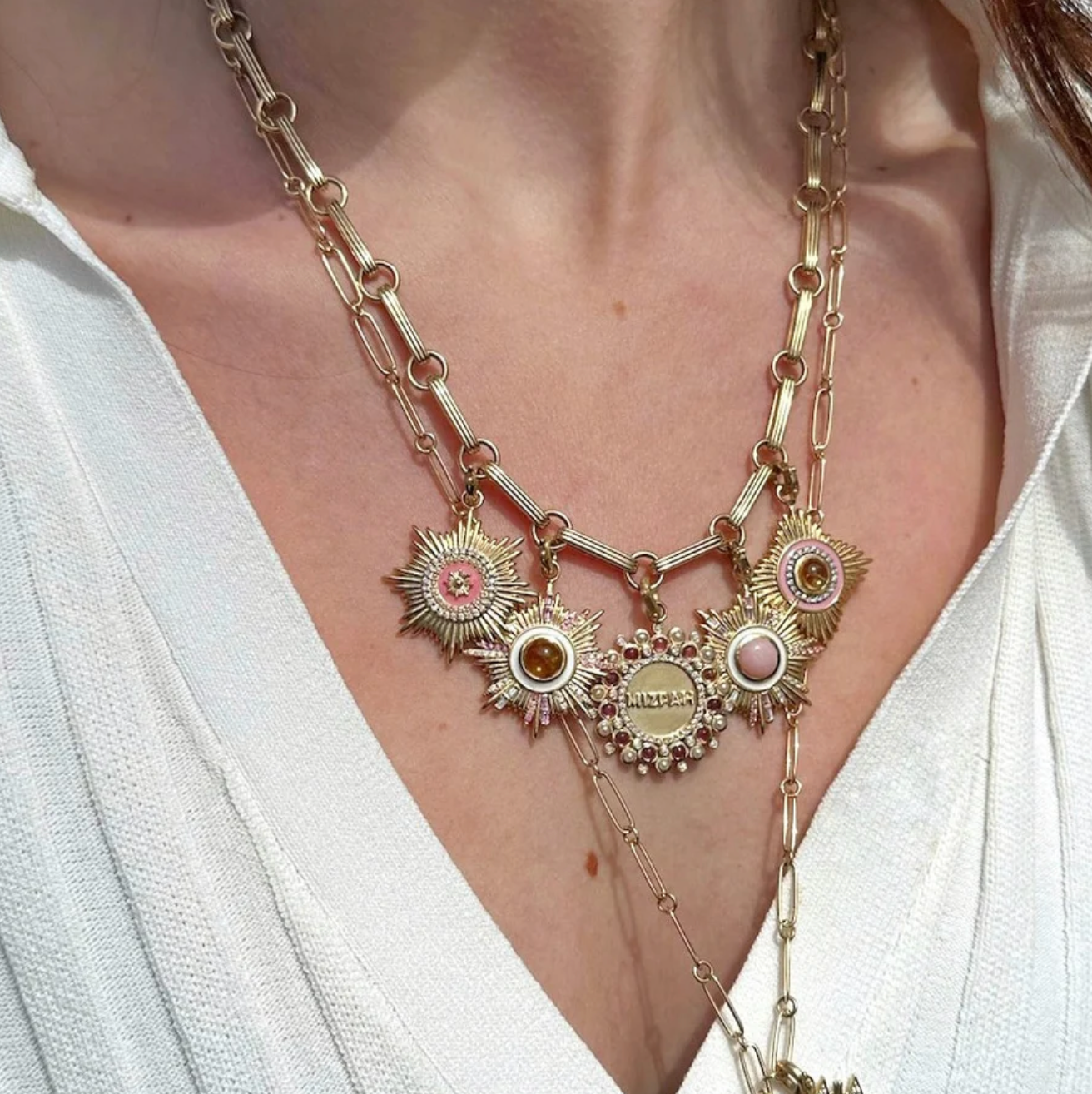 14k Gold Diamond & Pink Enamel Vale Medallion