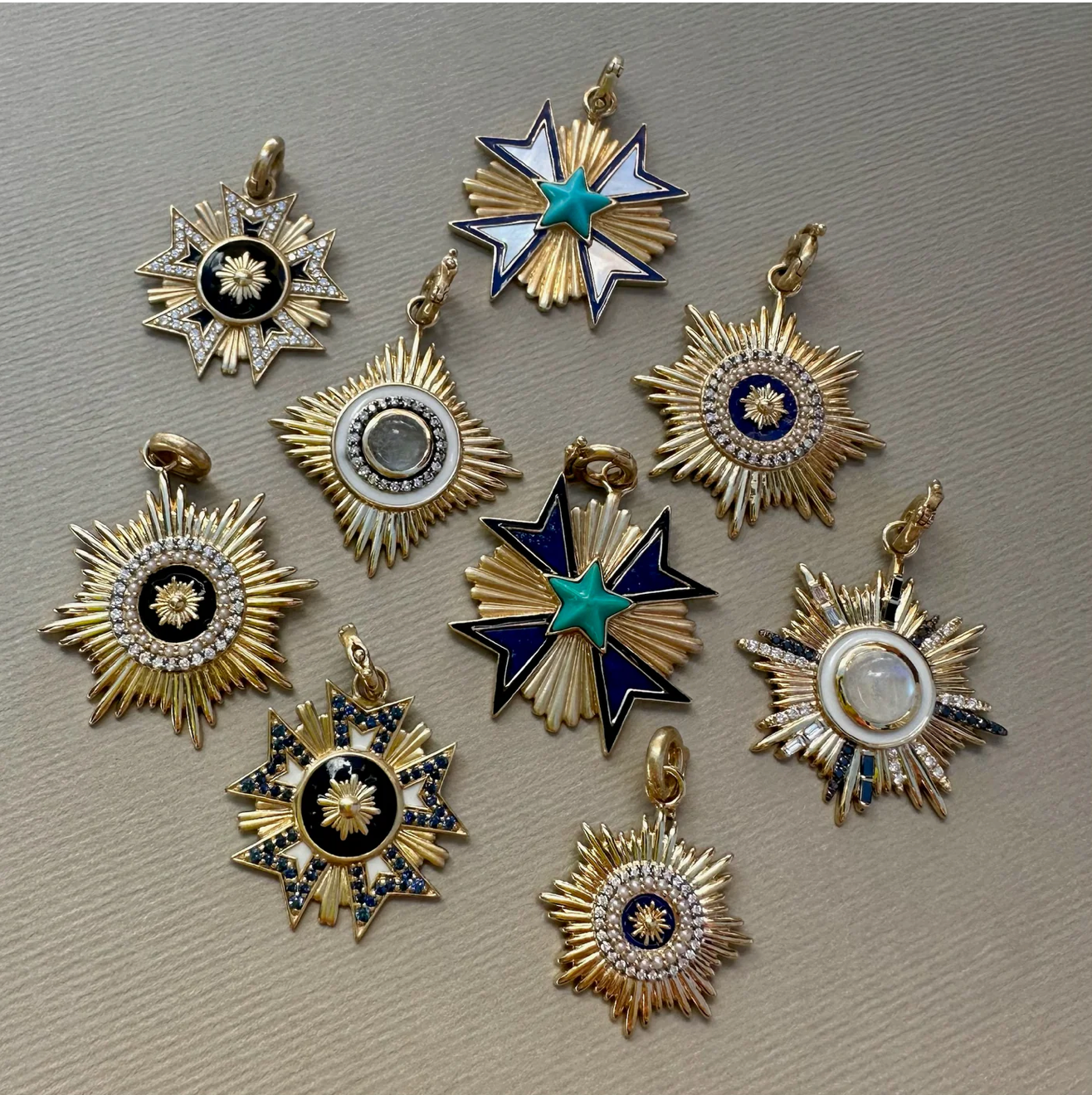 14K Gold Moonstone Diamond & Black Diamond Victoria Medallion