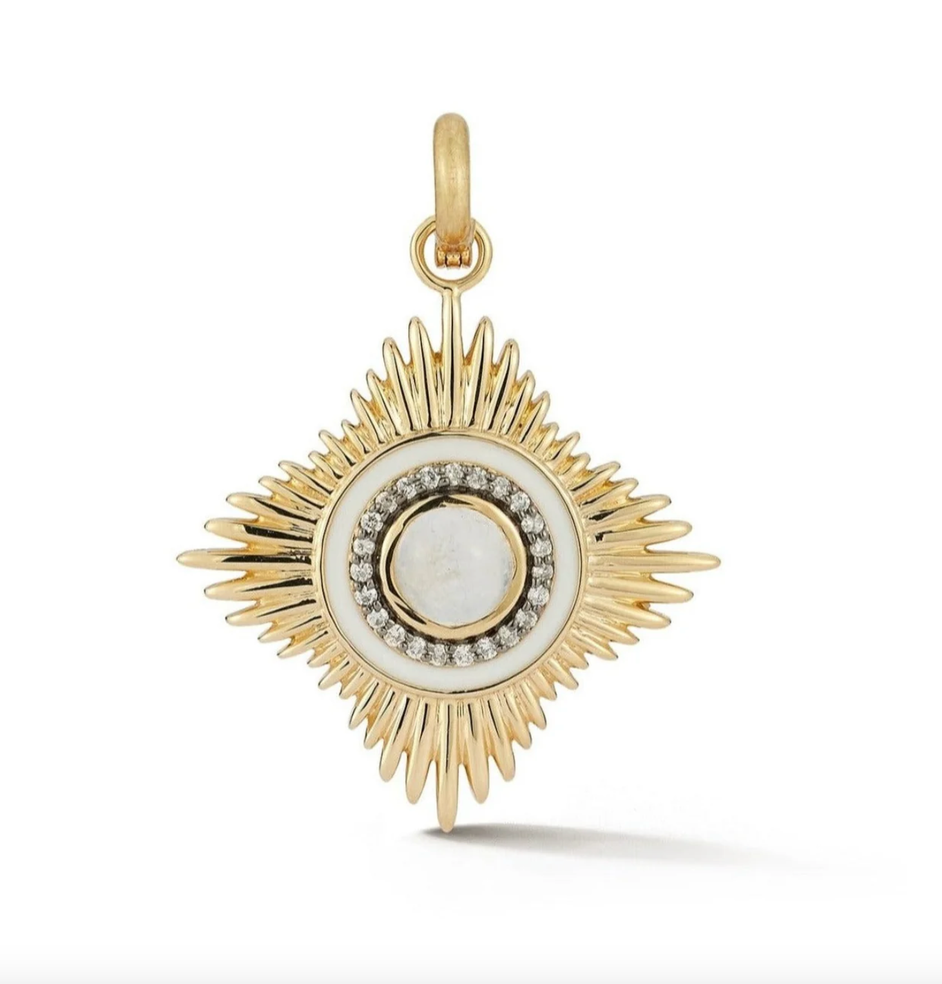 14k Gold Diamond Moonstone & White Enamel Vivienne Medallion