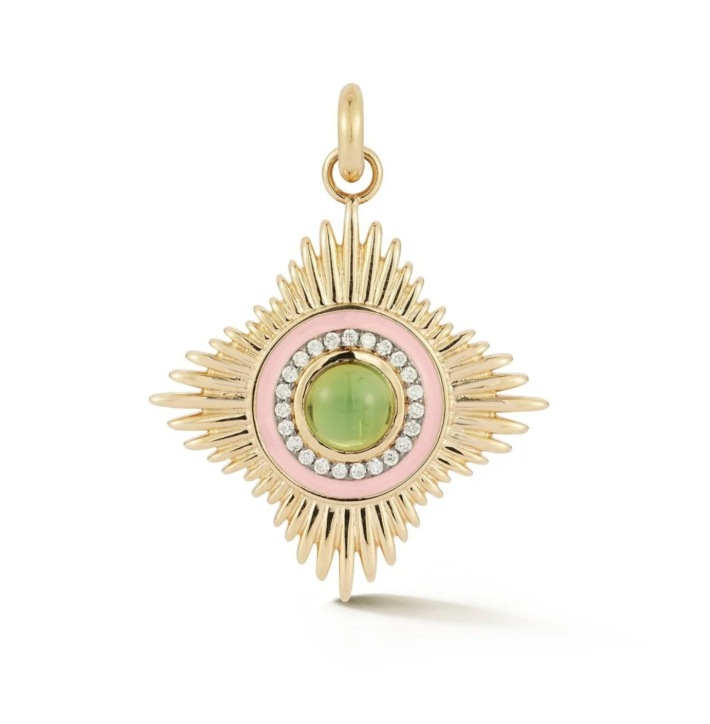 14k Gold Diamond Green Tourmaline & Pink Enamel Vivienne Medallion