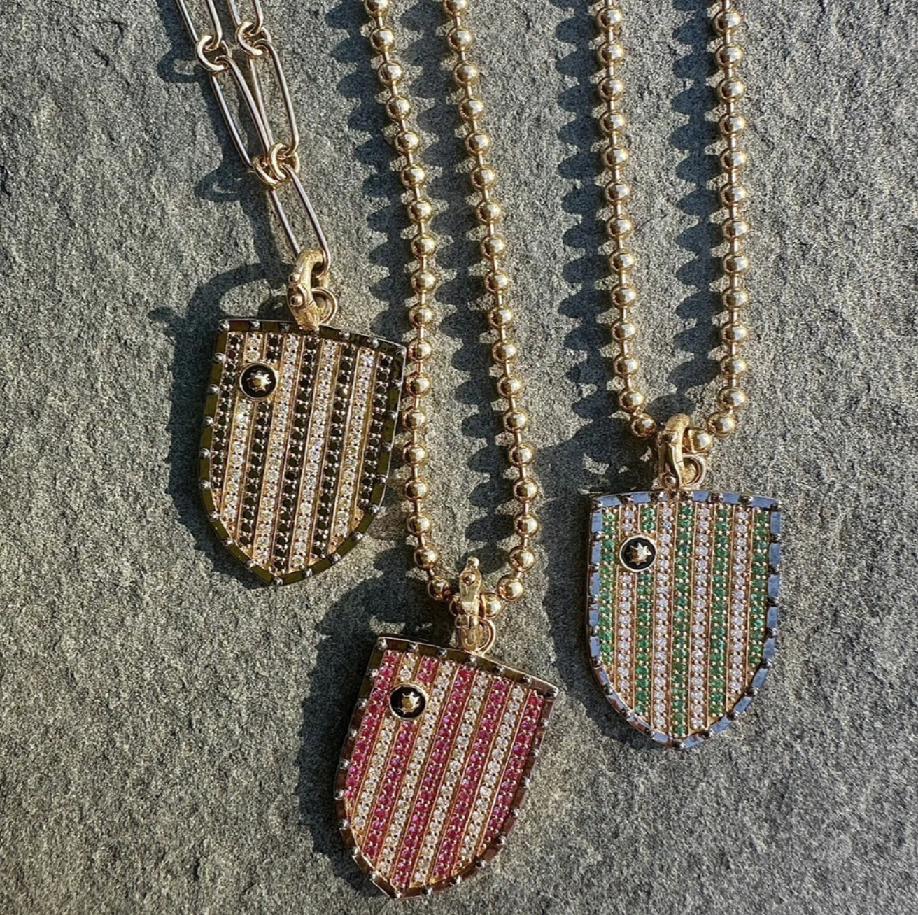 14k Gold Diamond Emerald & Black Enamel Walter Medallion