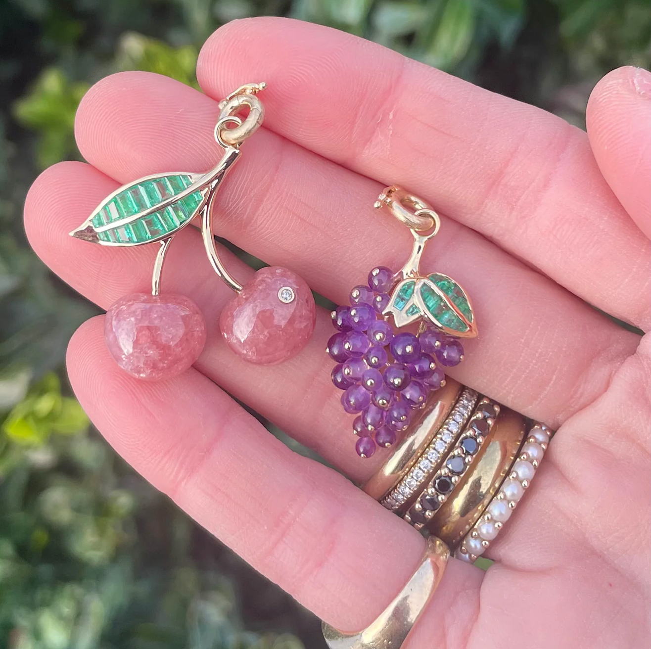 14k Gold Emerald & Amethyst Sour Grapes Charm