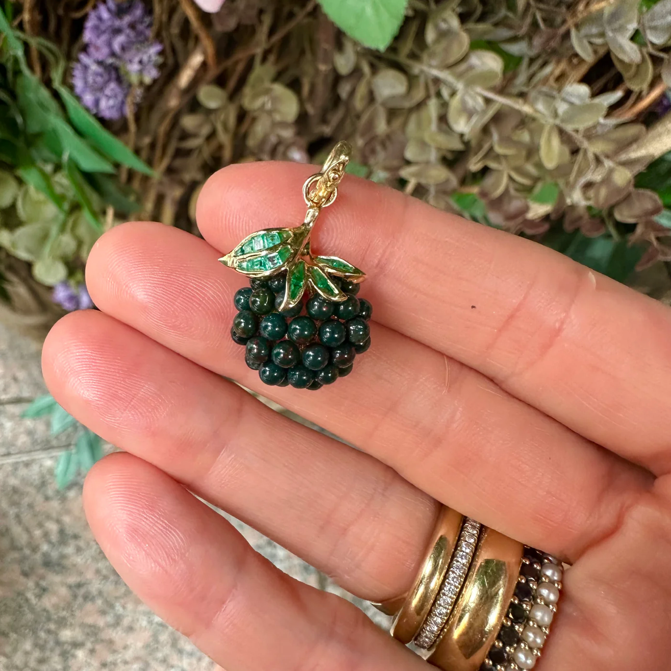 14k Gold Emerald & Bloodstone Wild Blackberry Charm