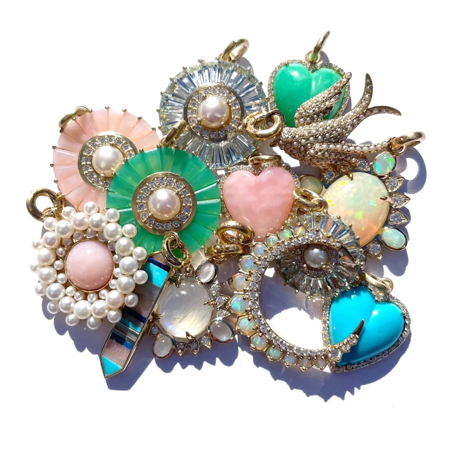 14k Gold Pink Opal Diamond & Pearl Emily Large Charm