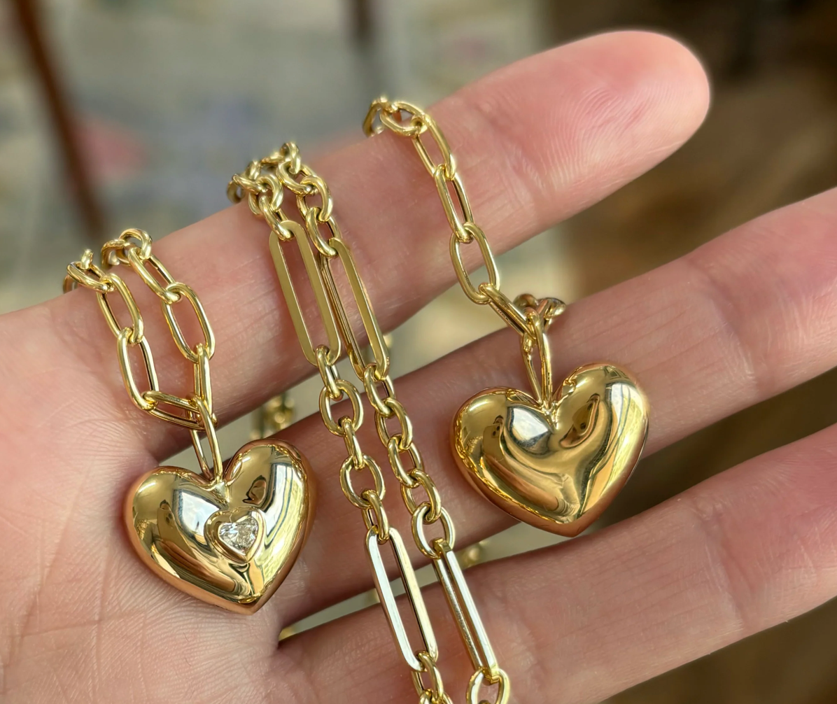 ALL GOLD PUFF HEART PENDANT WITH DIAMOND HEART CENTER
