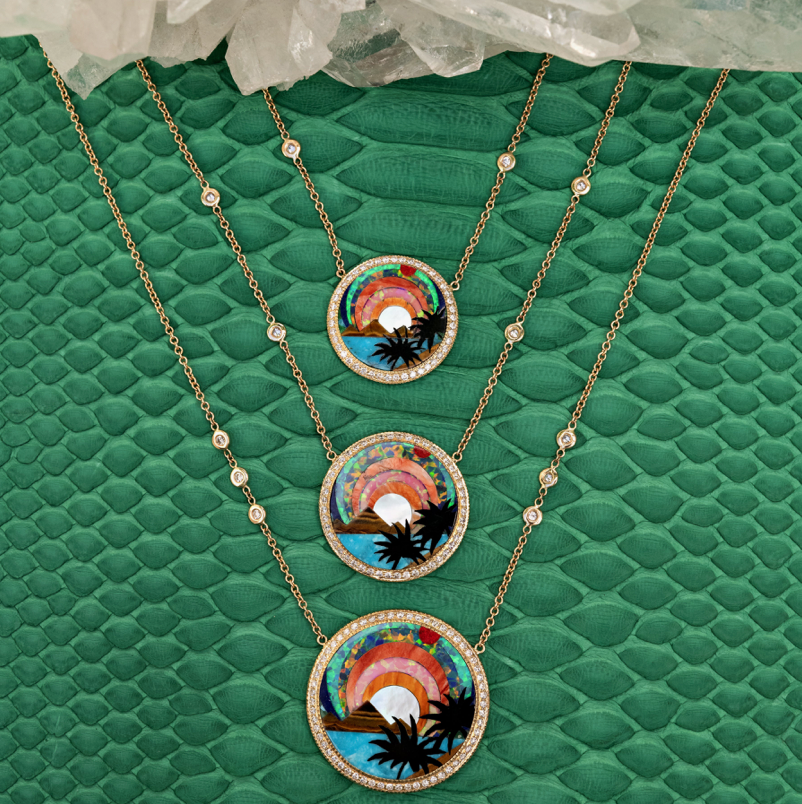MINI PAVE DIAMOND TROPICAL SCENIC INLAY NECKLACE