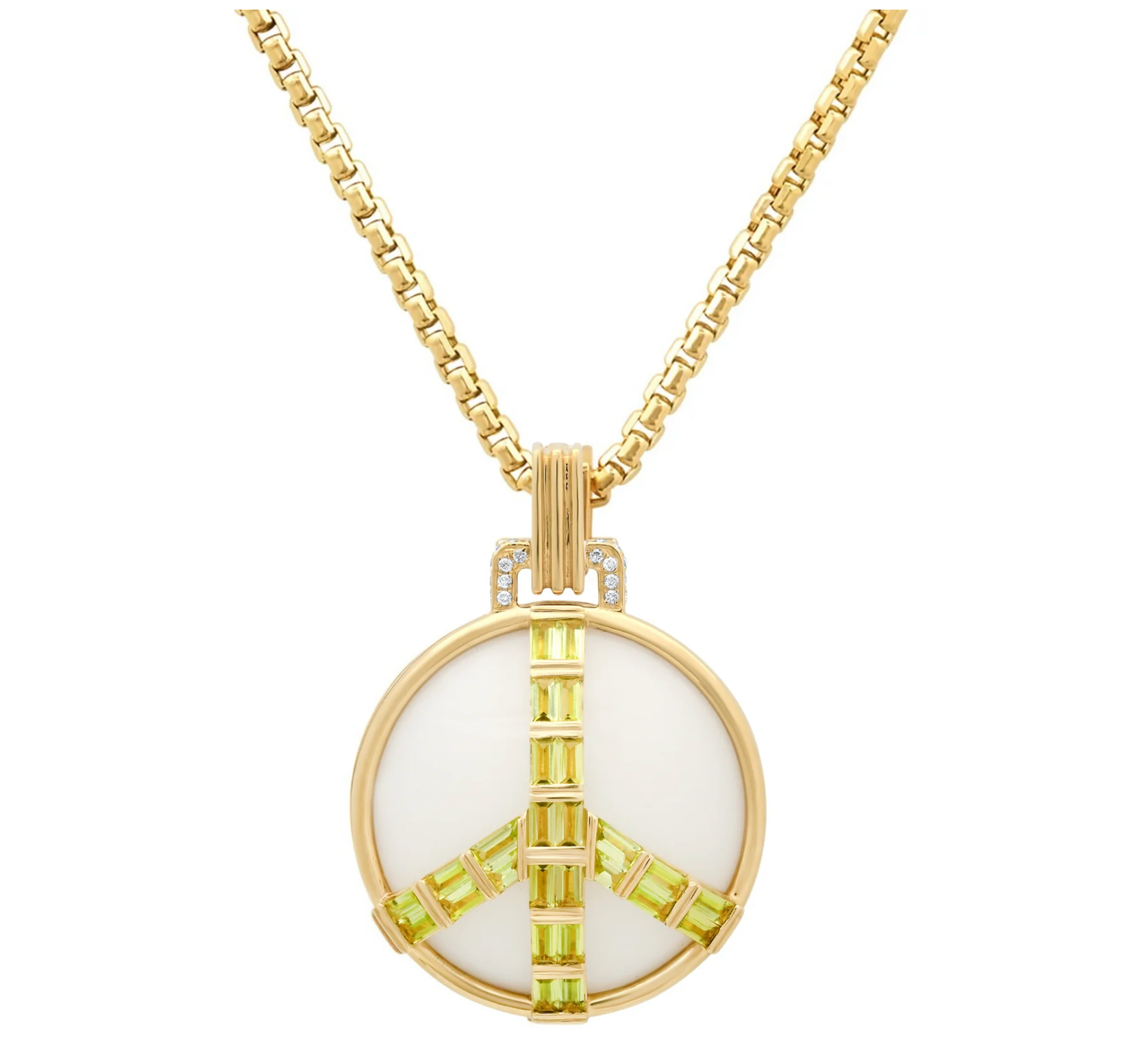 Midsize Peace Pendant in White Onyx and Peridot with Diamond Bail