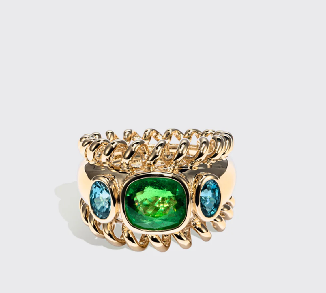 JUMBO TSAVORITE & BLUE ZIRCON SLINKEE ICON RING