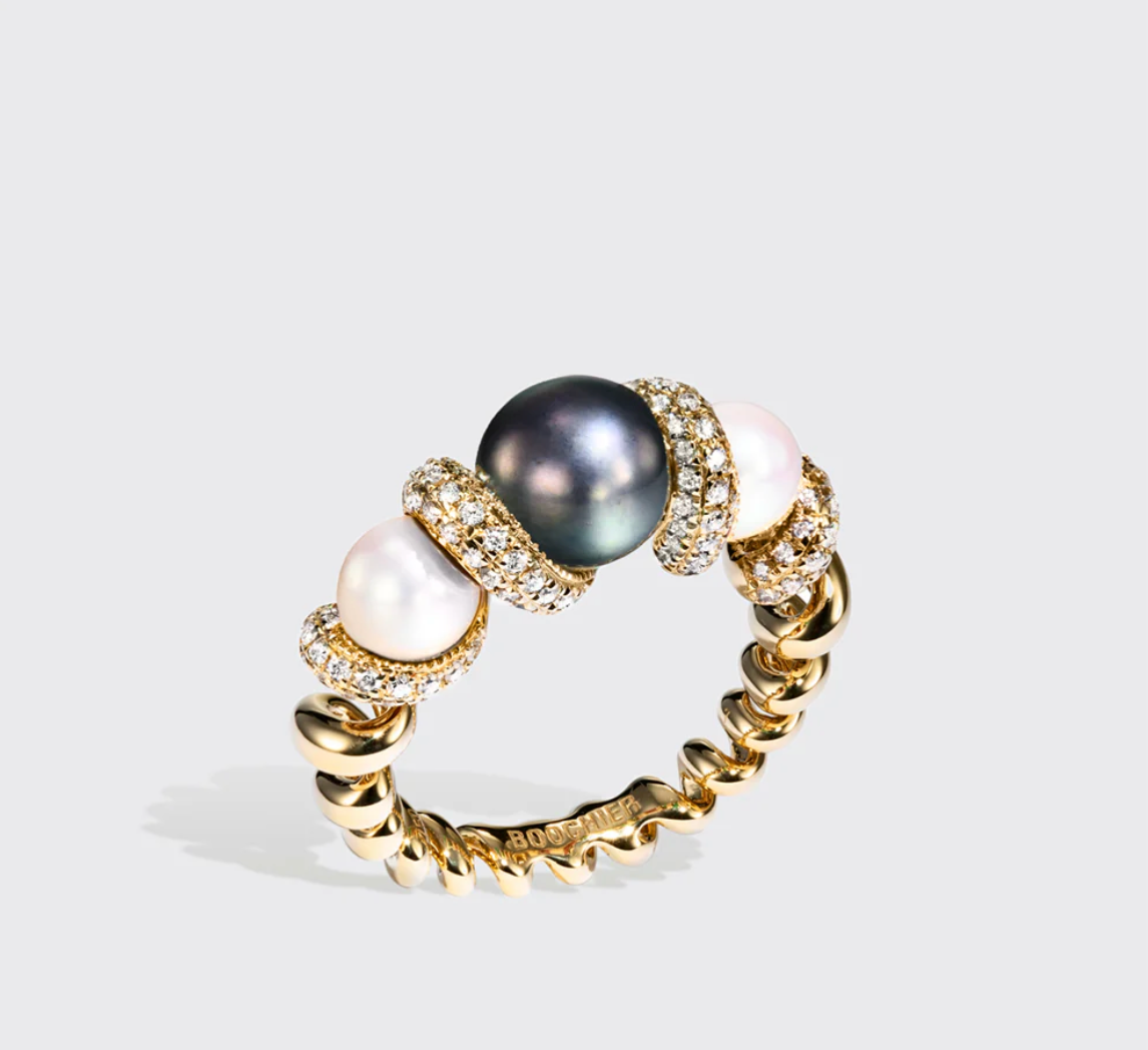 WHITE & GREY PEARLS DIAMOND GUMBALL BEACHING RING