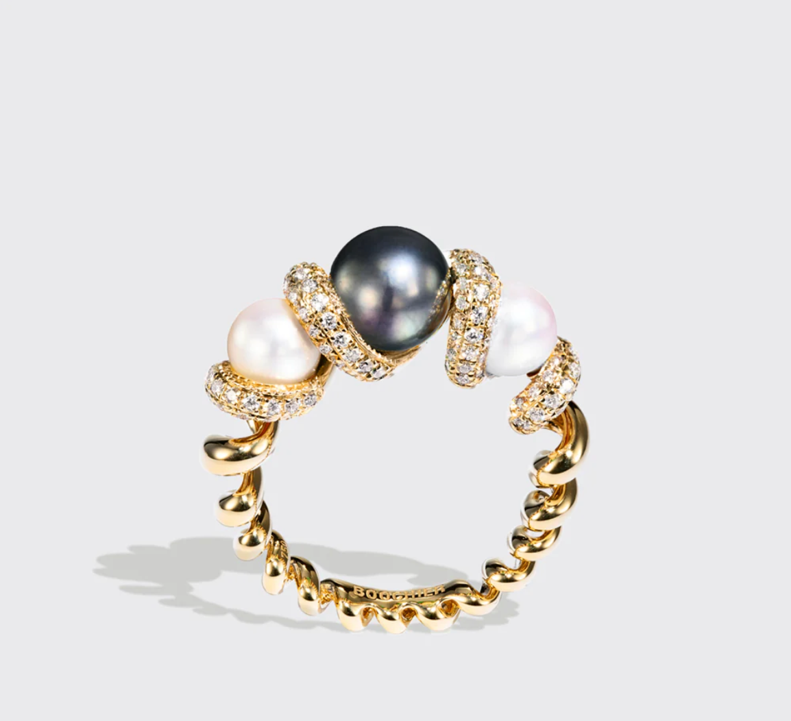 WHITE & GREY PEARLS DIAMOND GUMBALL BEACHING RING