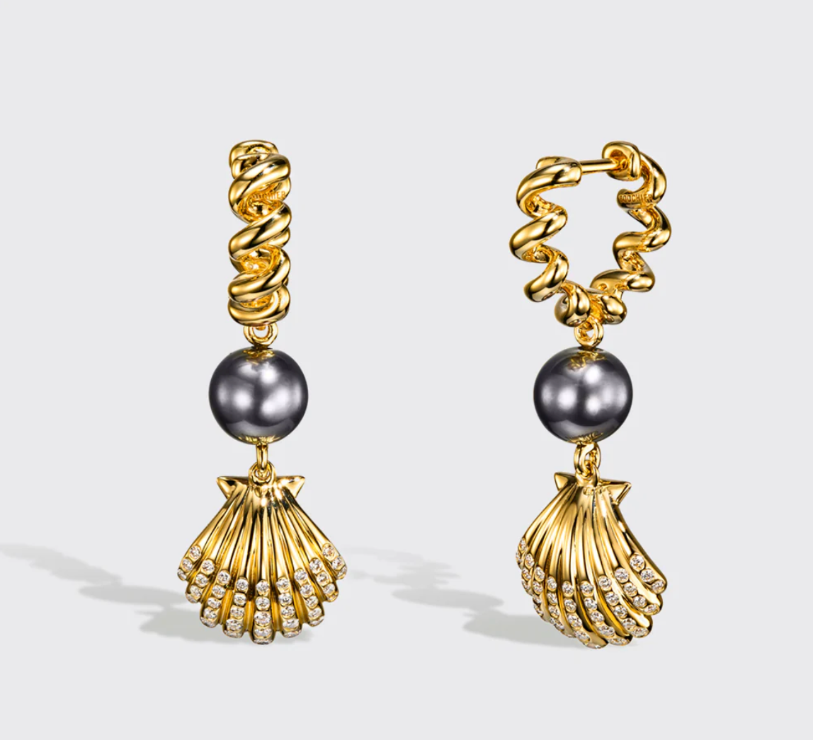 GREY PEARL YELLOW GOLD BEACHING SHELL DROP DIAMOND HUGGIE EARRINGS